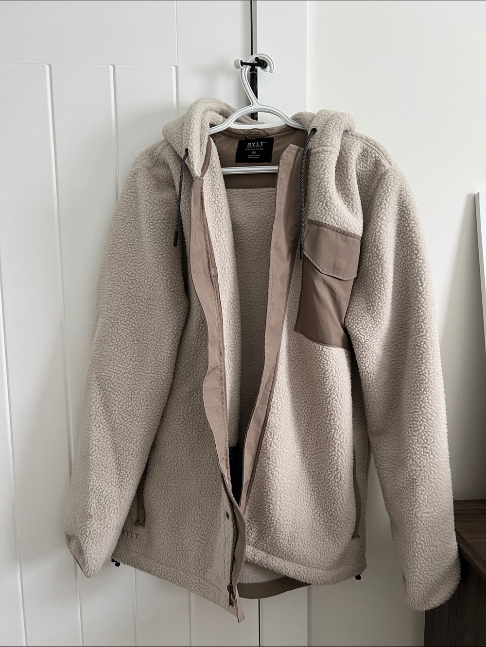 BYLT Basics Men's Hooded Sherpa Jacket in Taupe/cream